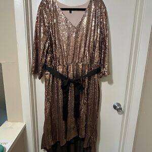 Lane Bryant Rose Gold Sequin V-Neck Dress with Black Waist Sash